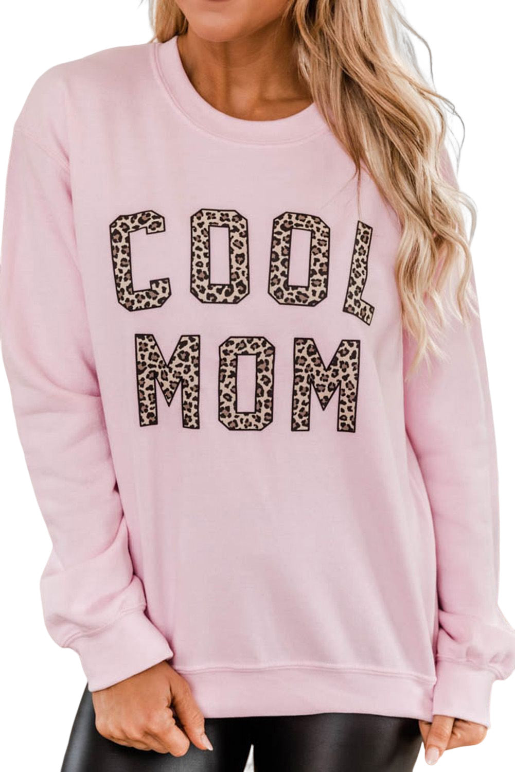 Pink COOL MOM Leopard Print Pullover Sweatshirt Graphic Sweatshirts JT's Designer Fashion