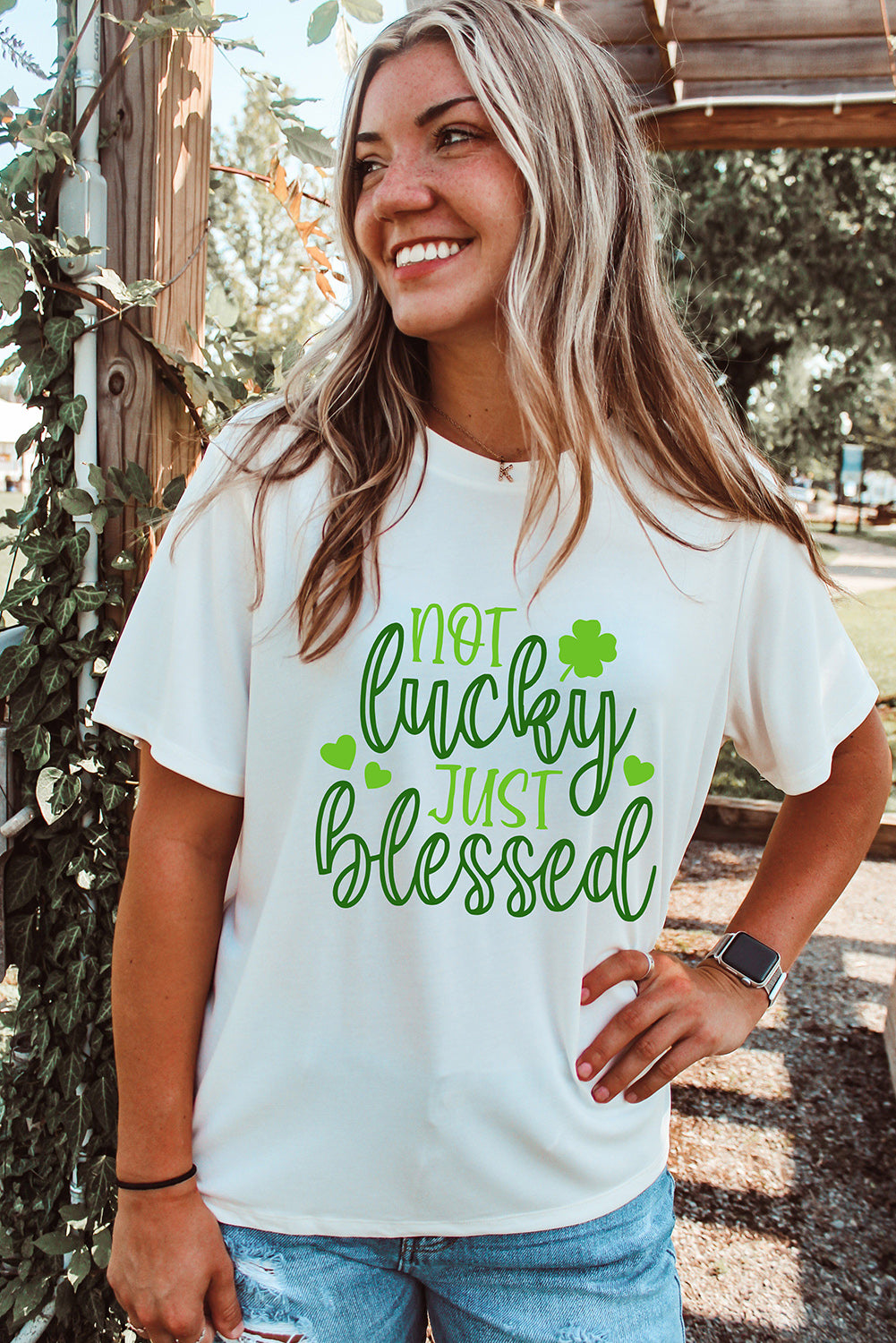 White St Patricks Not Luck Just Blessed Graphic T-shirt Graphic Tees JT's Designer Fashion