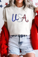 White Sequin USA Graphic Crew Neck Patriotic Tee Graphic Tees JT's Designer Fashion