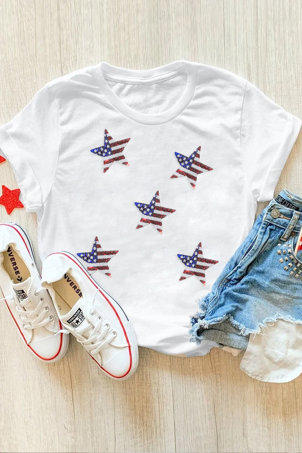 White Sequined American Flag Star Graphic T Shirt Graphic Tees JT's Designer Fashion