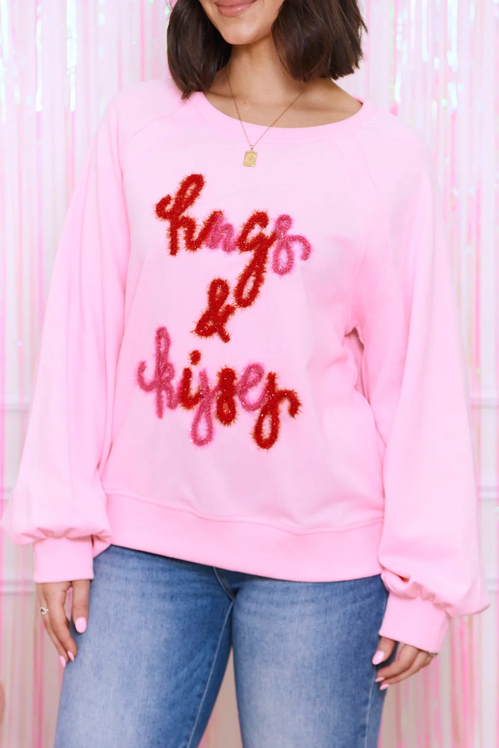 Pink Hugs and Kisses Pop Up Embroidered Raglan Sleeve Sweatshirt Sweatshirts & Hoodies JT's Designer Fashion