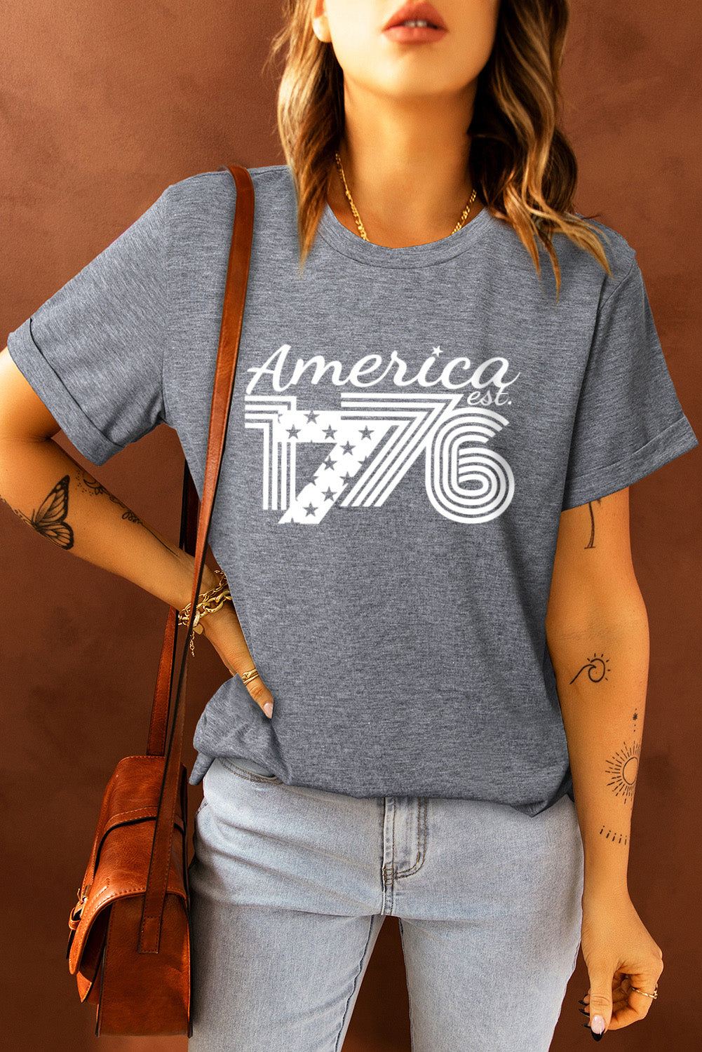 Gray America 1776 Print Graphic T Shirt Graphic Tees JT's Designer Fashion