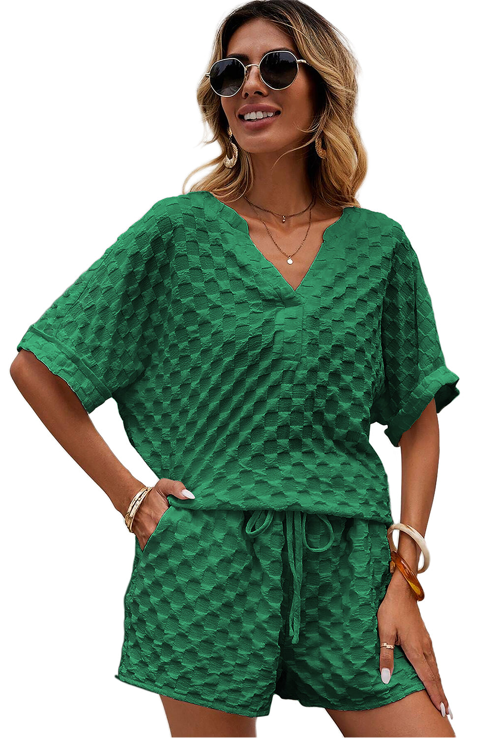 Dark Green Textured Split Neck Top and Drawstring Shorts Set Bottoms JT's Designer Fashion