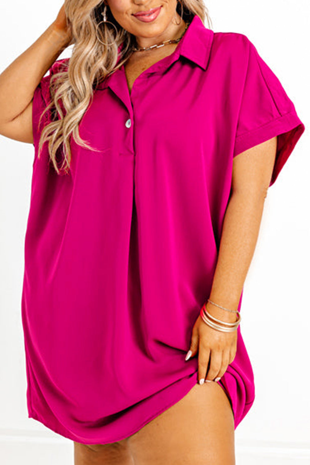 Bright Pink Collared V Neck Short Sleeve Shift Plus Size Dress Plus Size JT's Designer Fashion