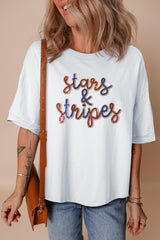White Sequin stars & stripes Graphic Drop Shoulder Loose T Shirt Graphic Tees JT's Designer Fashion