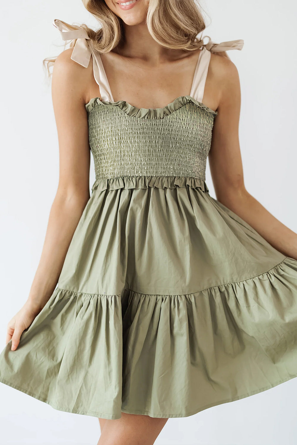 Laurel Green Smocked Bodice Self-tie Straps A-line Ruffled Mini Dress Mini Dresses JT's Designer Fashion