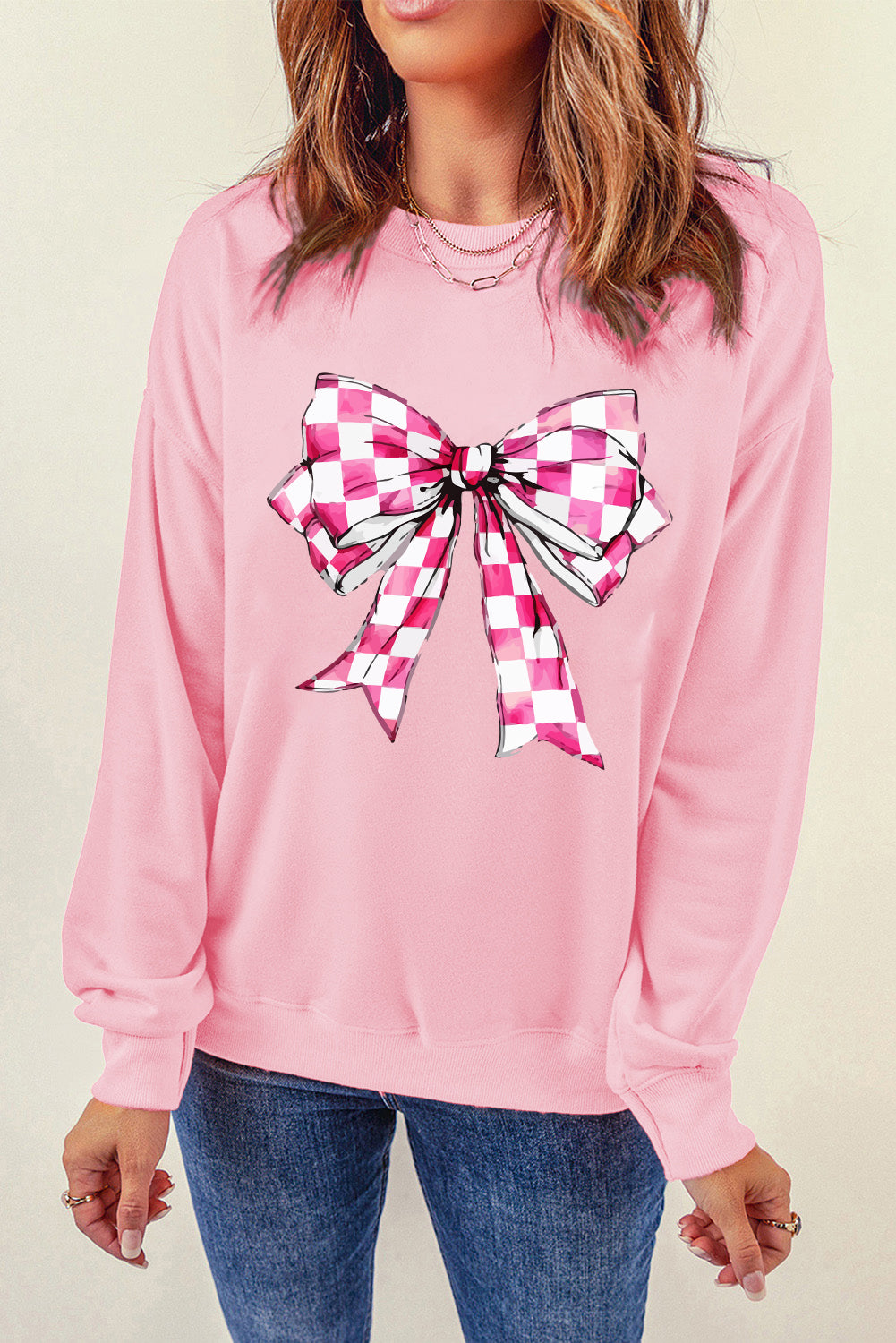 Pink Checkerboard Bow Graphic Round Neck Valentines Sweatshirt Graphic Sweatshirts JT's Designer Fashion