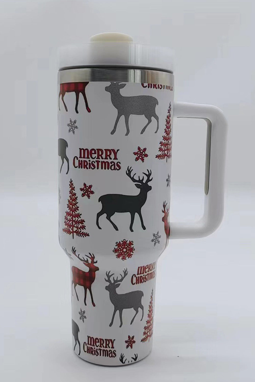 White Merry Christmas Tree Snowflake Elk Print Handle Tumbler Tumblers JT's Designer Fashion