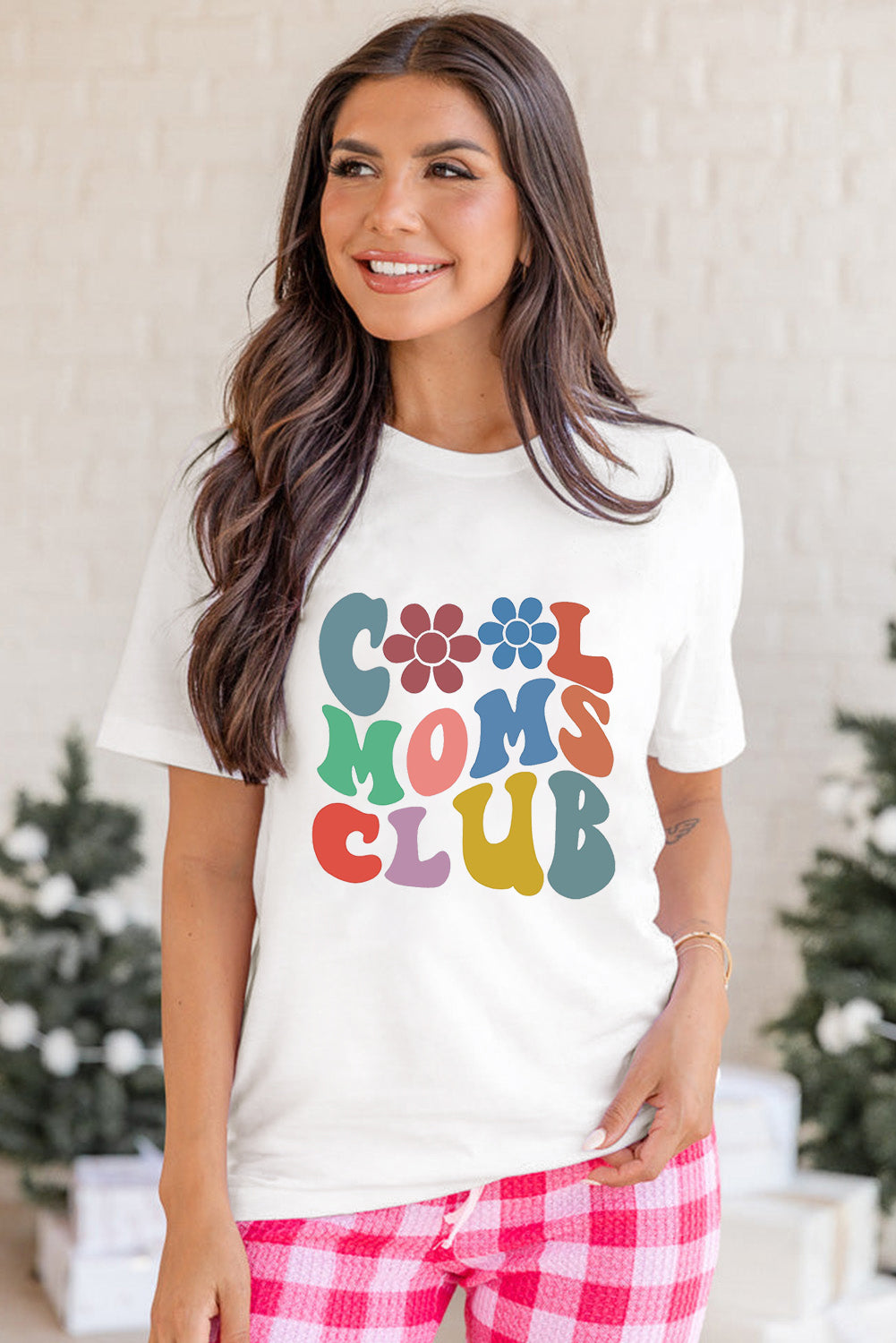 White COOL MOMS CLUB Flower Print Crew Neck T Shirt Graphic Tees JT's Designer Fashion