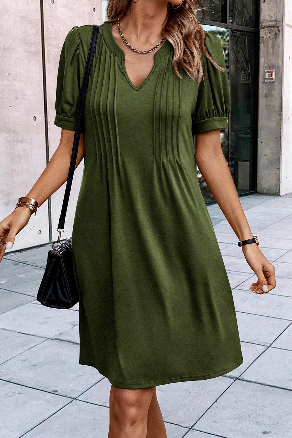 Fern Green Notched Neck Pleated Puff Sleeve Shift T-shirt Dress T Shirt Dresses JT's Designer Fashion