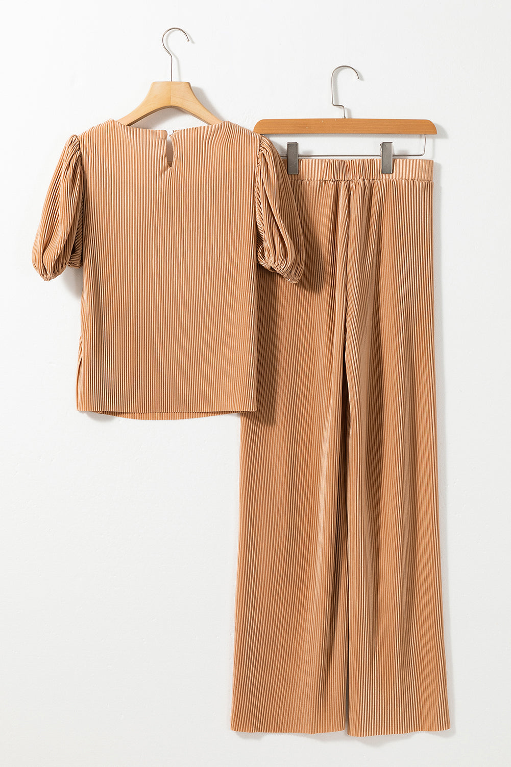 Clay Pleated Bubble Sleeve Top and Wide Leg Pants Set Pant Sets JT's Designer Fashion