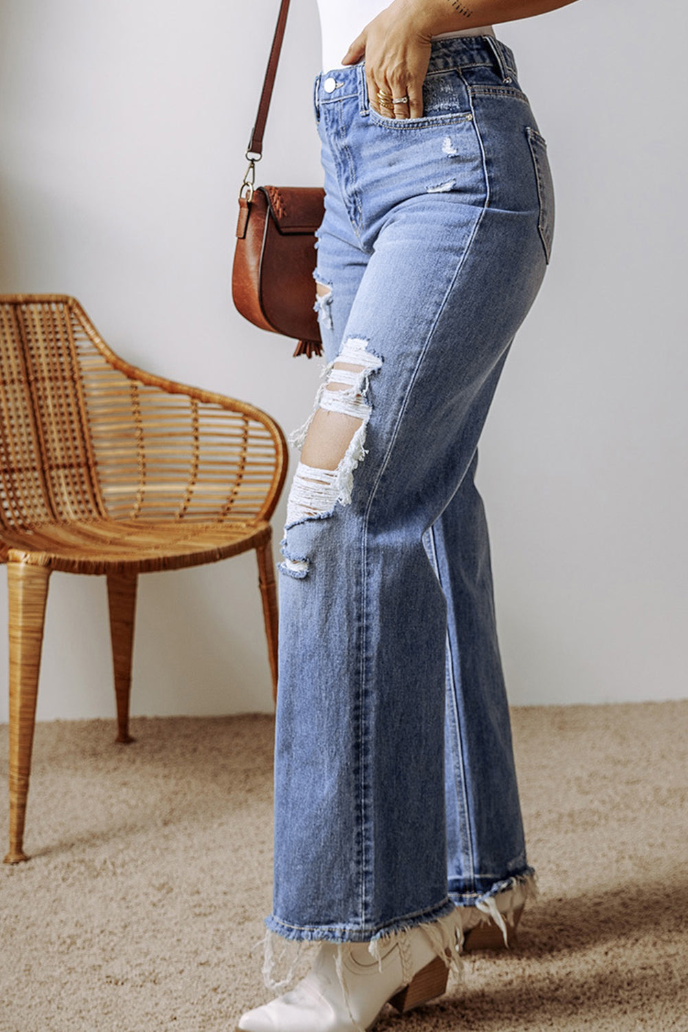Ashleigh Blue Distressed Raw Hem Straight Leg High Waist Jeans Jeans JT's Designer Fashion