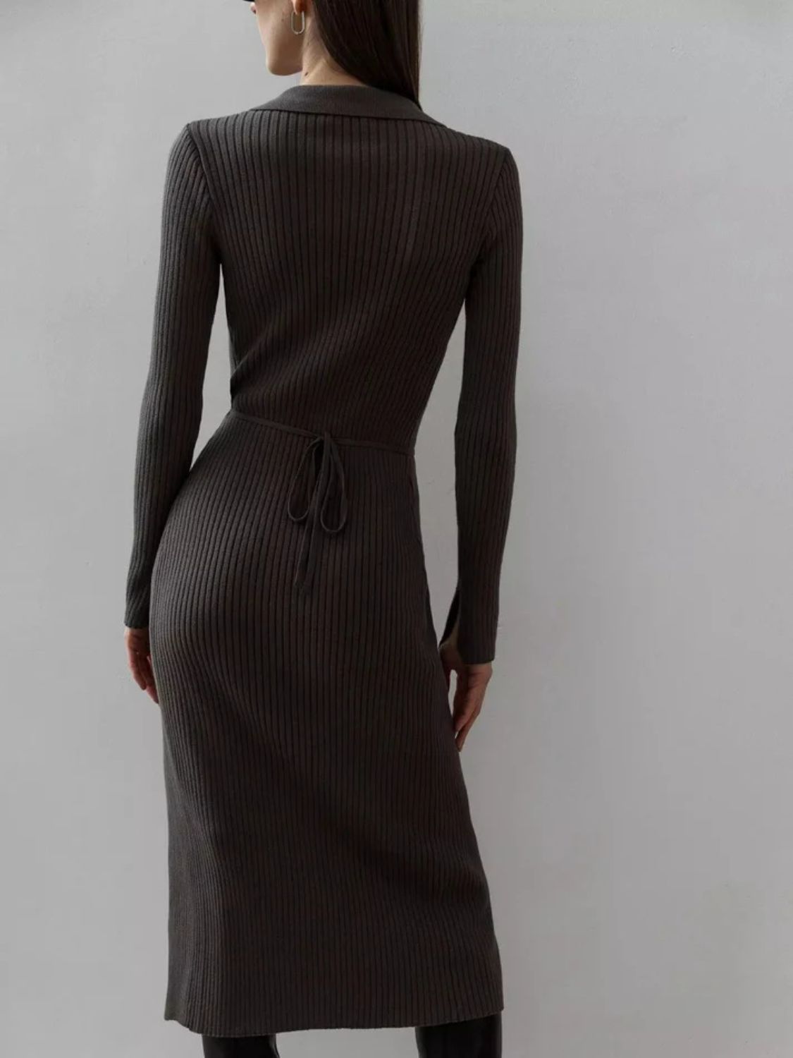 Tied Collared Neck Long Sleeve Sweater Dress Bodycon Dresses JT's Designer Fashion