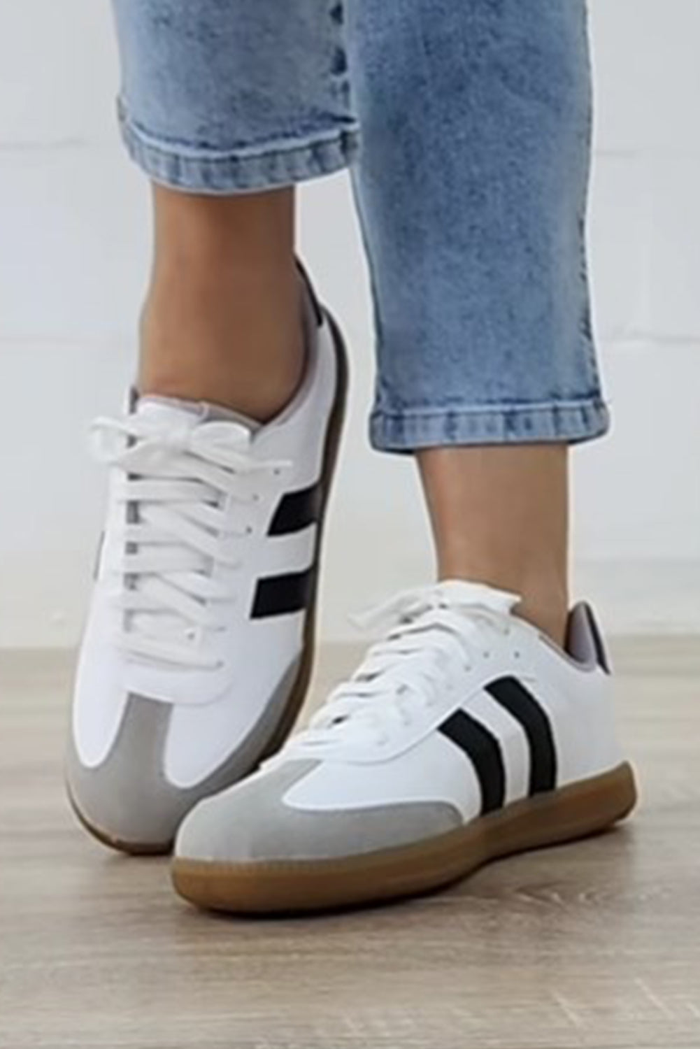 White Striped Lace-up Flat Sneakers Women's Shoes JT's Designer Fashion