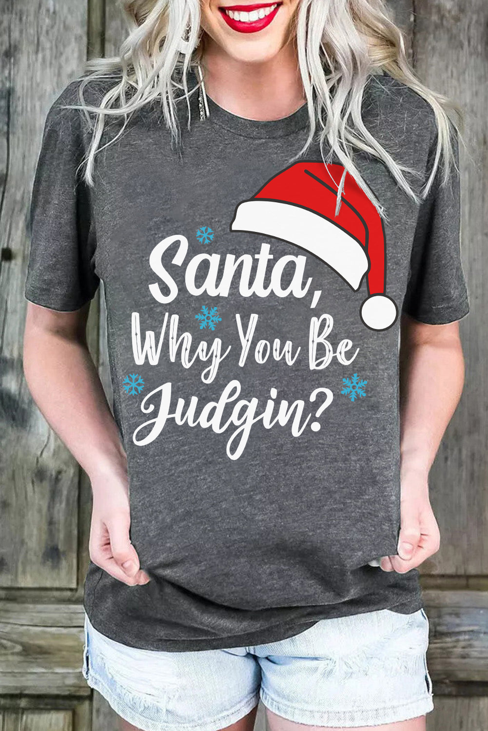 Gray Christmas Santa Hat Snowflake Slogan Graphic Tee Graphic Tees JT's Designer Fashion