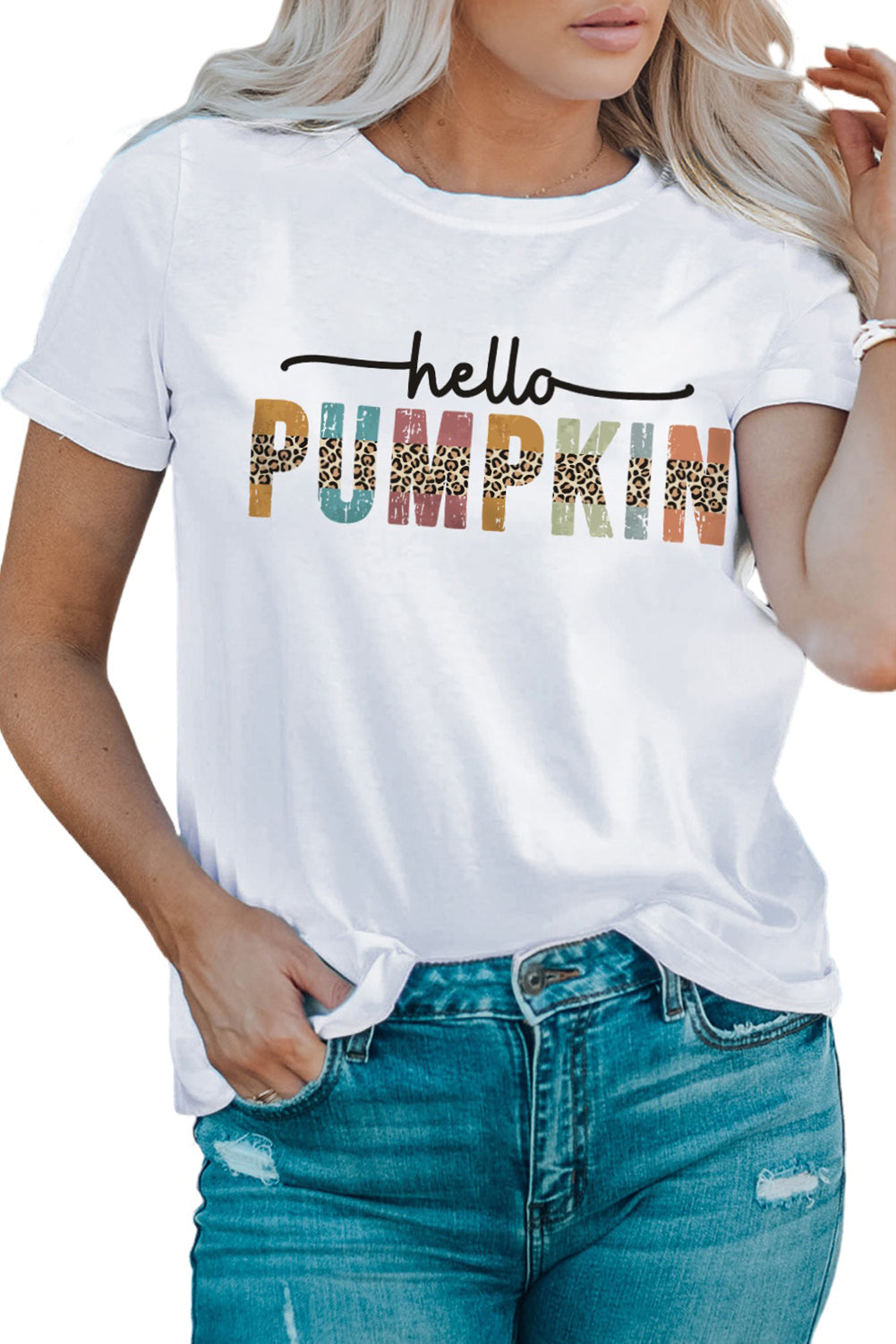 White Hello Pumpkin Graphic Casual Tee Graphic Tees JT's Designer Fashion