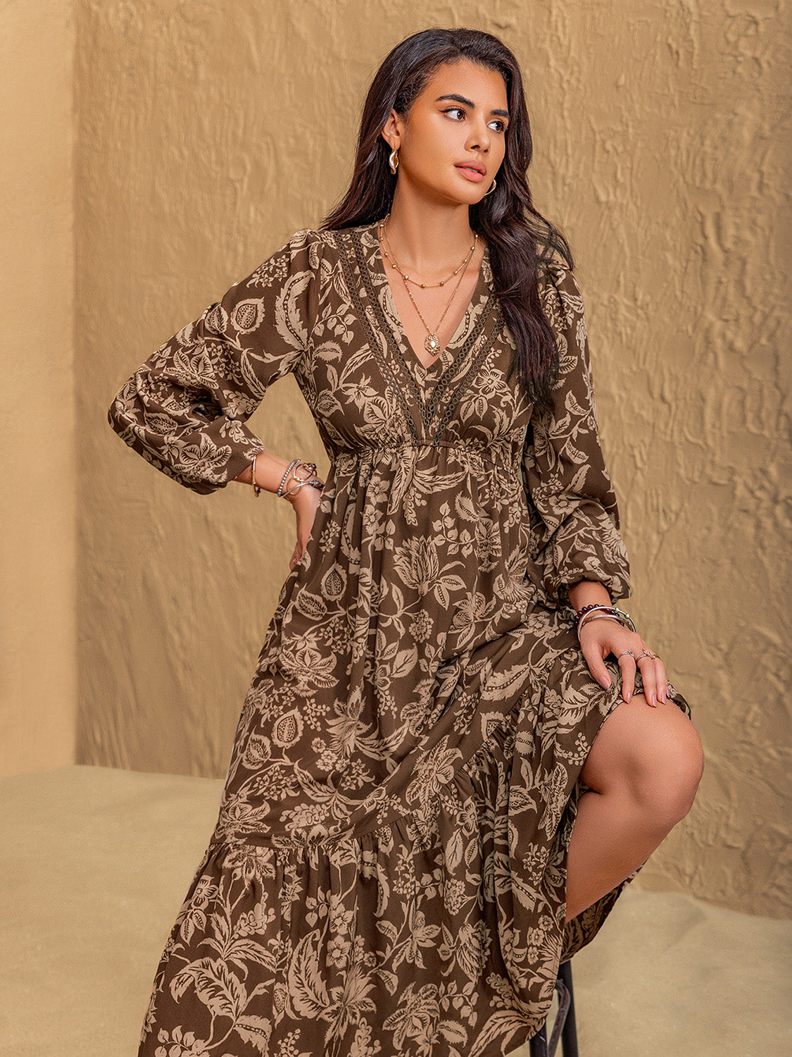 Ruched Printed V-Neck Long Sleeve Midi Dress Maxi Dresses JT's Designer Fashion