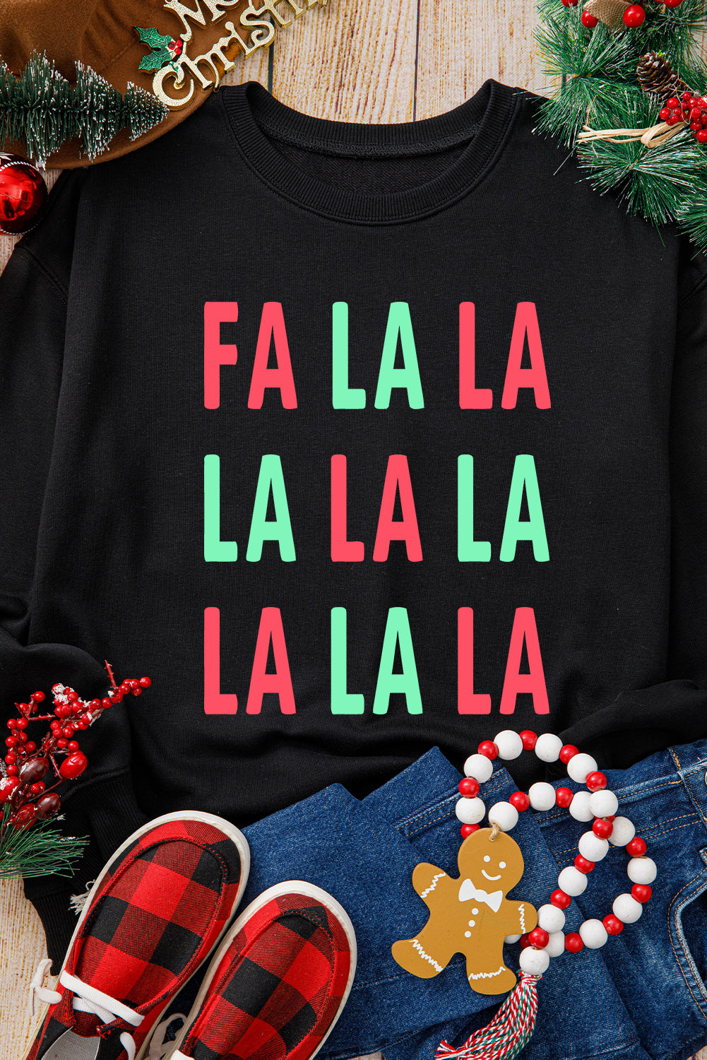 Black FA LA LA Christmas Letter Graphic Sweatshirt Graphic Sweatshirts JT's Designer Fashion