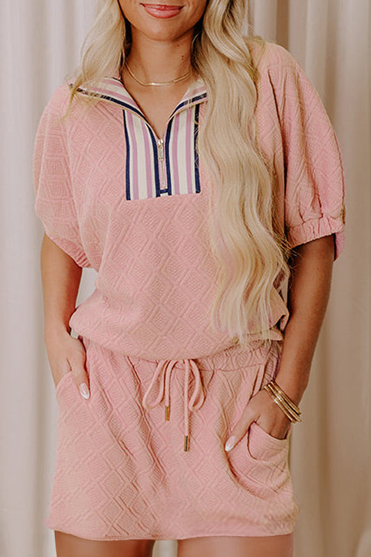 Light Pink Striped Collared Zip up Textured Skirt Set Two Piece Dresses JT's Designer Fashion
