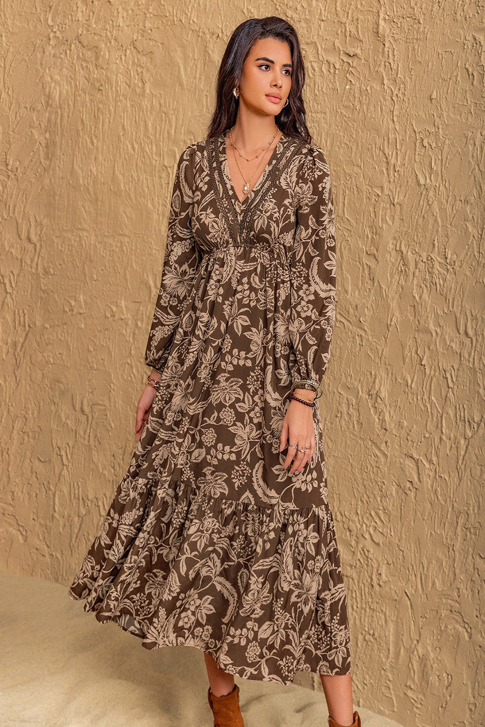 Ruched Printed V-Neck Long Sleeve Midi Dress Taupe Maxi Dresses JT's Designer Fashion