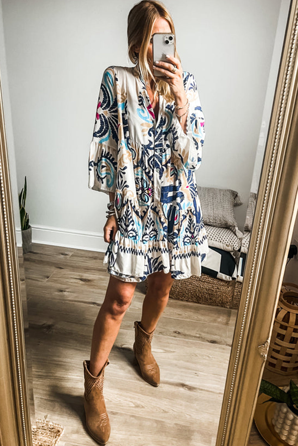 White Printed Tribal Print Bracelet Sleeve Buttoned Mini Dress Mini Dresses JT's Designer Fashion