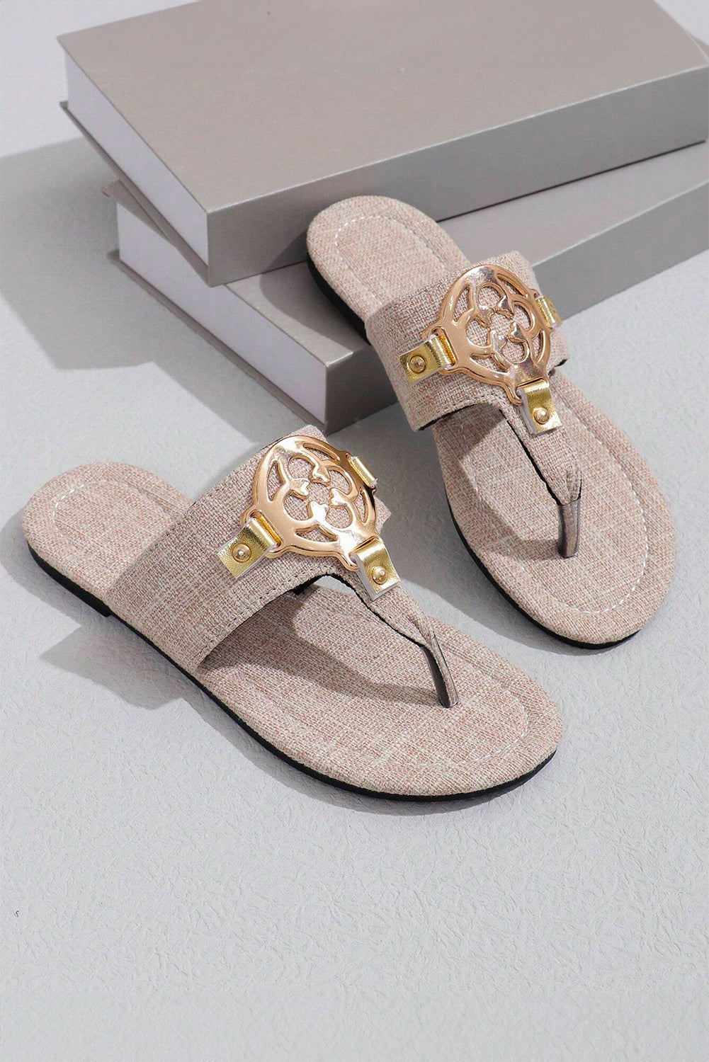 Beige Metal Décor Leather Thong Slippers Slippers JT's Designer Fashion