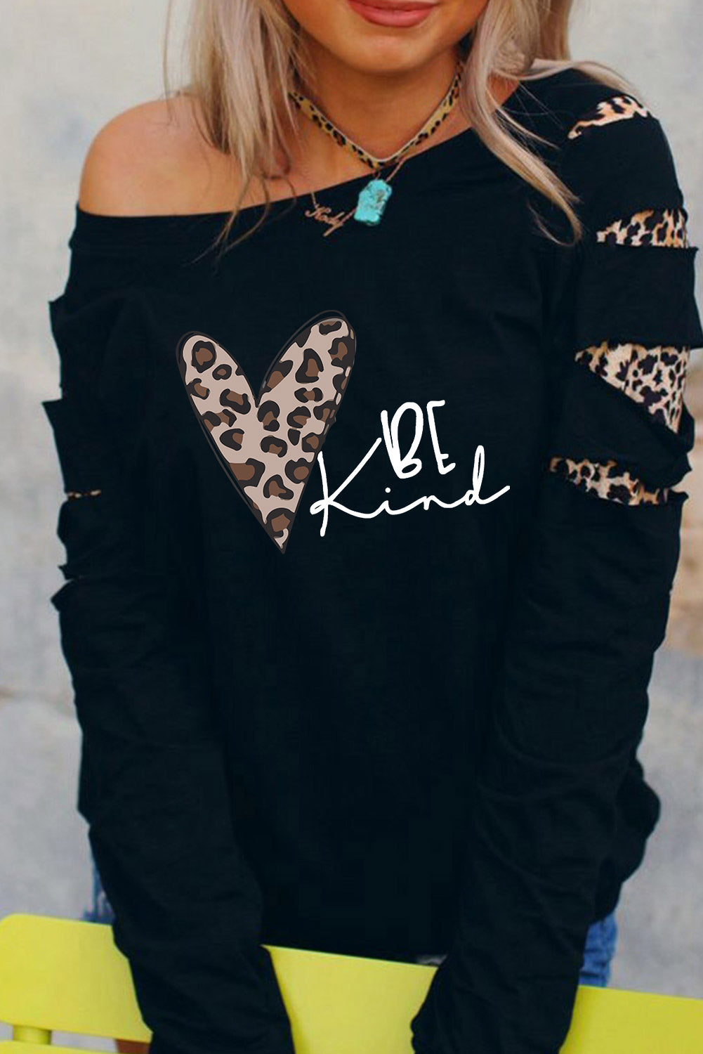 Be Kind Leopard Heart Print Cut Out Long Sleeve Sweatshirt Graphic Sweatshirts JT's Designer Fashion