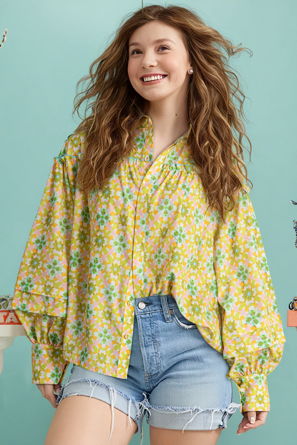 Green Boho Floral Print Frilly Detail Puff Sleeve Shirt Blouses & Shirts JT's Designer Fashion