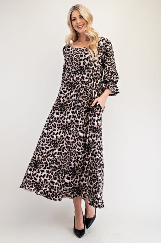 Celeste Full Size Leopard Round Neck Flounce Sleeve Dress Brown Maxi Dresses JT's Designer Fashion