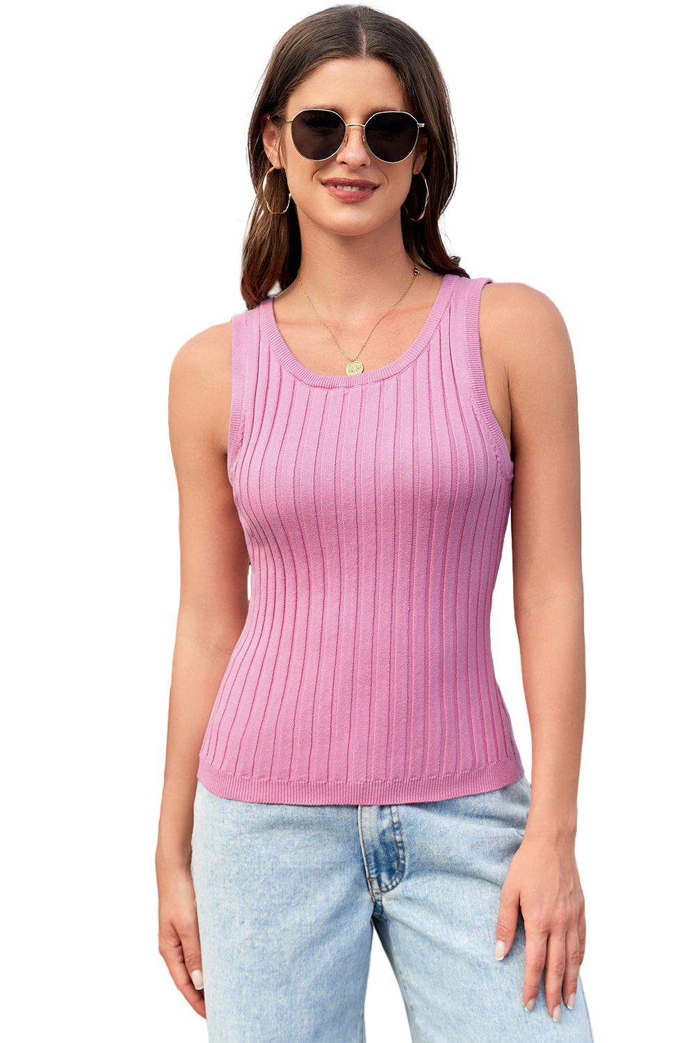 Light Pink Round Neck Ribbed Knit Tank Top Pre Order Sweaters & Cardigans JT's Designer Fashion