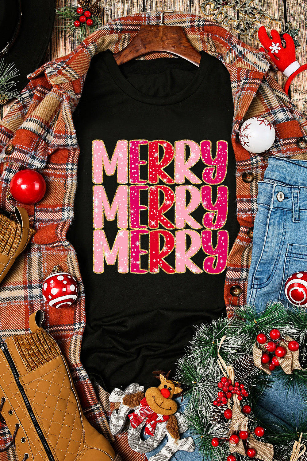 Black Heat Transfer Printing MERRY Letter Christmas Graphic Tee Graphic Sweatshirts JT's Designer Fashion