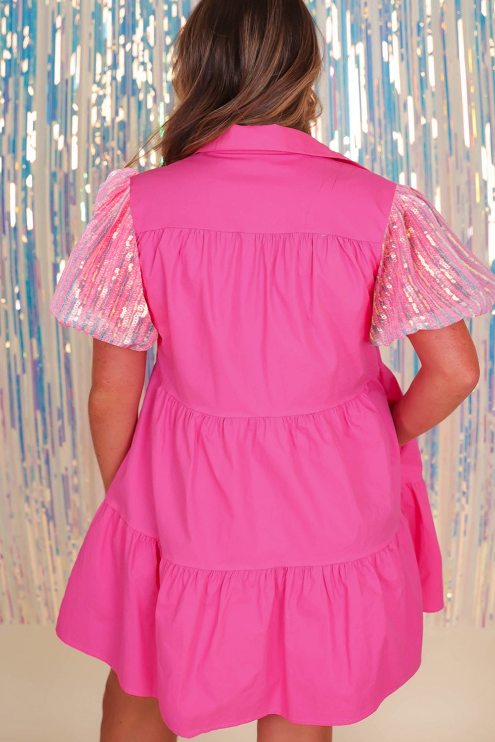 Bright Pink Sequin Sleeve Contrast Tiered Curvy Shirt Dress Plus Size JT's Designer Fashion