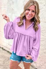 Phalaenopsis Corded Turn-down V Neck Bubble Sleeve Babydoll Blouse Blouses & Shirts JT's Designer Fashion