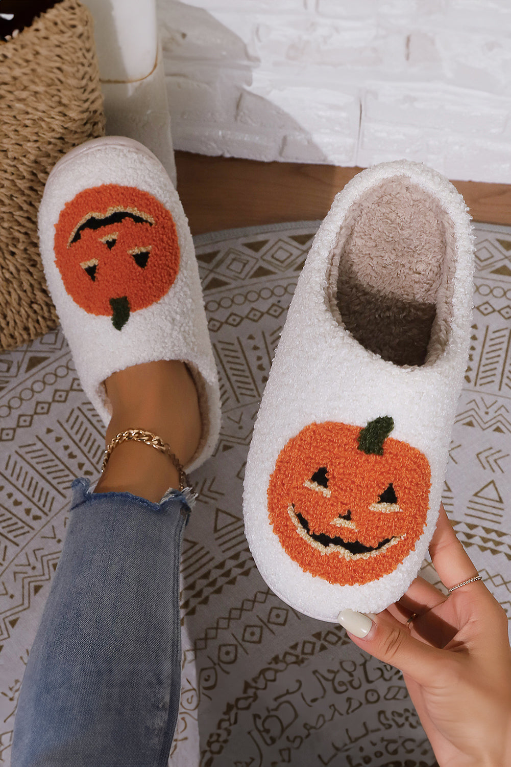 White Halloween Pumpkin Print Plush Slippers Slippers JT's Designer Fashion