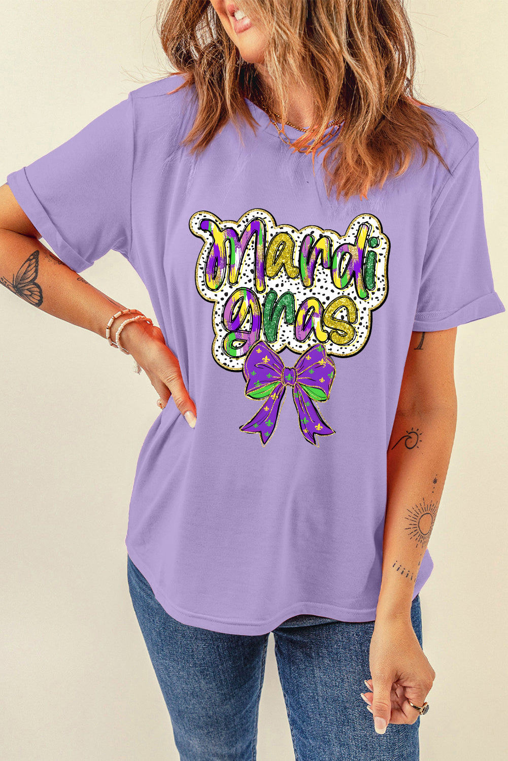 Wisteria mardi gras Bow Printed Crewneck Holiday T Shirt Graphic Tees JT's Designer Fashion