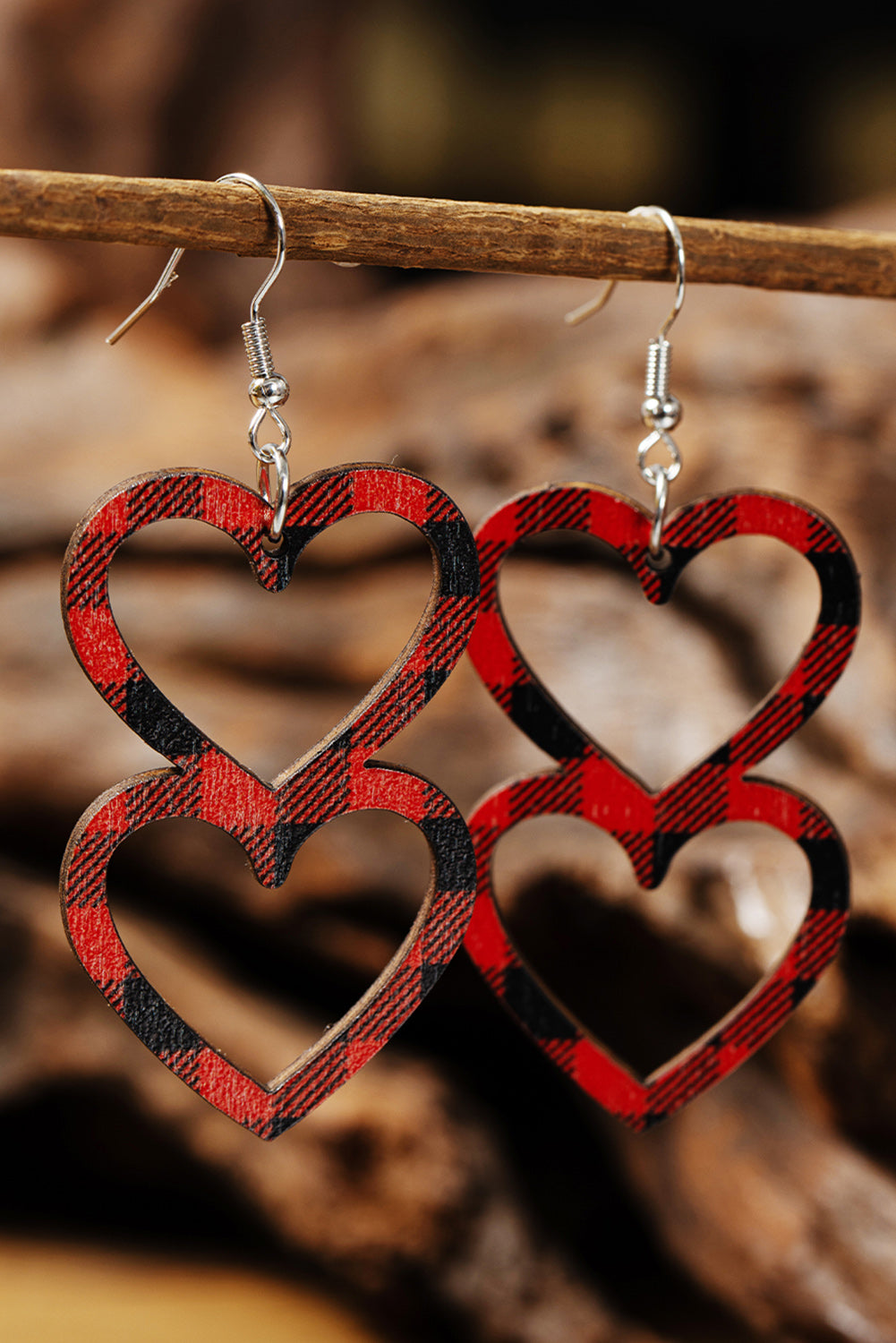 Fiery Red Valentines Day Plaid Double Love Heart Wooden Earrings Jewelry JT's Designer Fashion