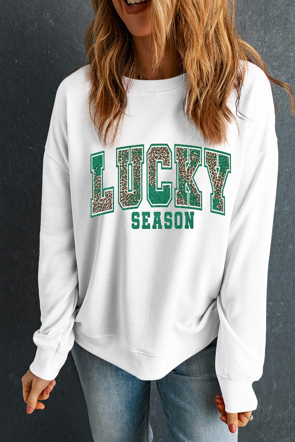 White Leopard LUCKY SEASON Printed St Patricks Pullover Sweatshirt Graphic Sweatshirts JT's Designer Fashion