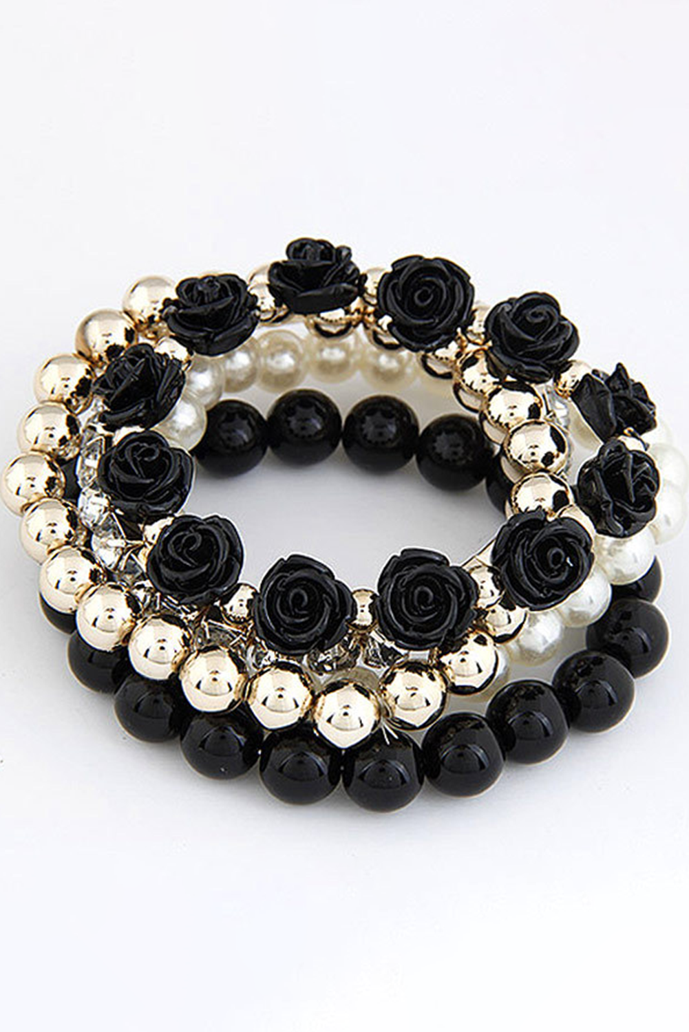 Black Flower Rhinestone Beaded Multi Layer Bracelet Set Jewelry JT's Designer Fashion