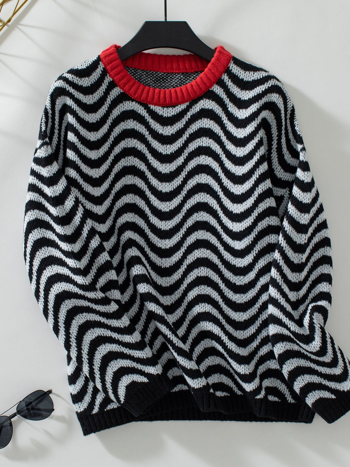 Wavy Stripes Round Neck Long Sleeve Sweater Black Long Sleeve Tops JT's Designer Fashion