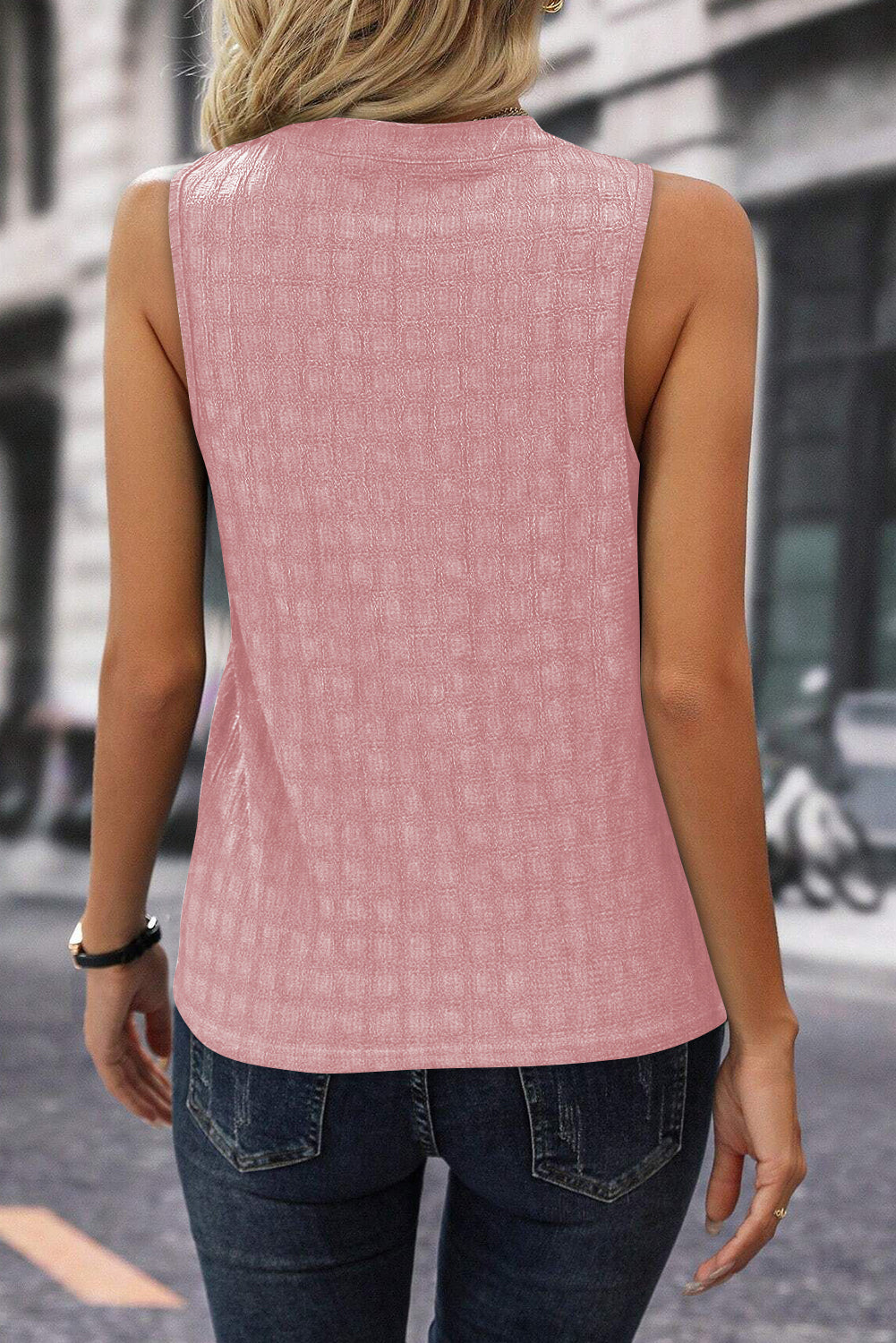 Pink Lattice Textured Split Neck Tank Top Pre Order Tops JT's Designer Fashion