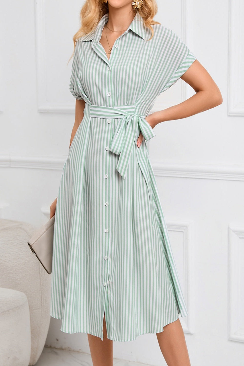 Striped Short Sleeve Tie Waist Midi Dress Light Green Midi Dresses JT's Designer Fashion