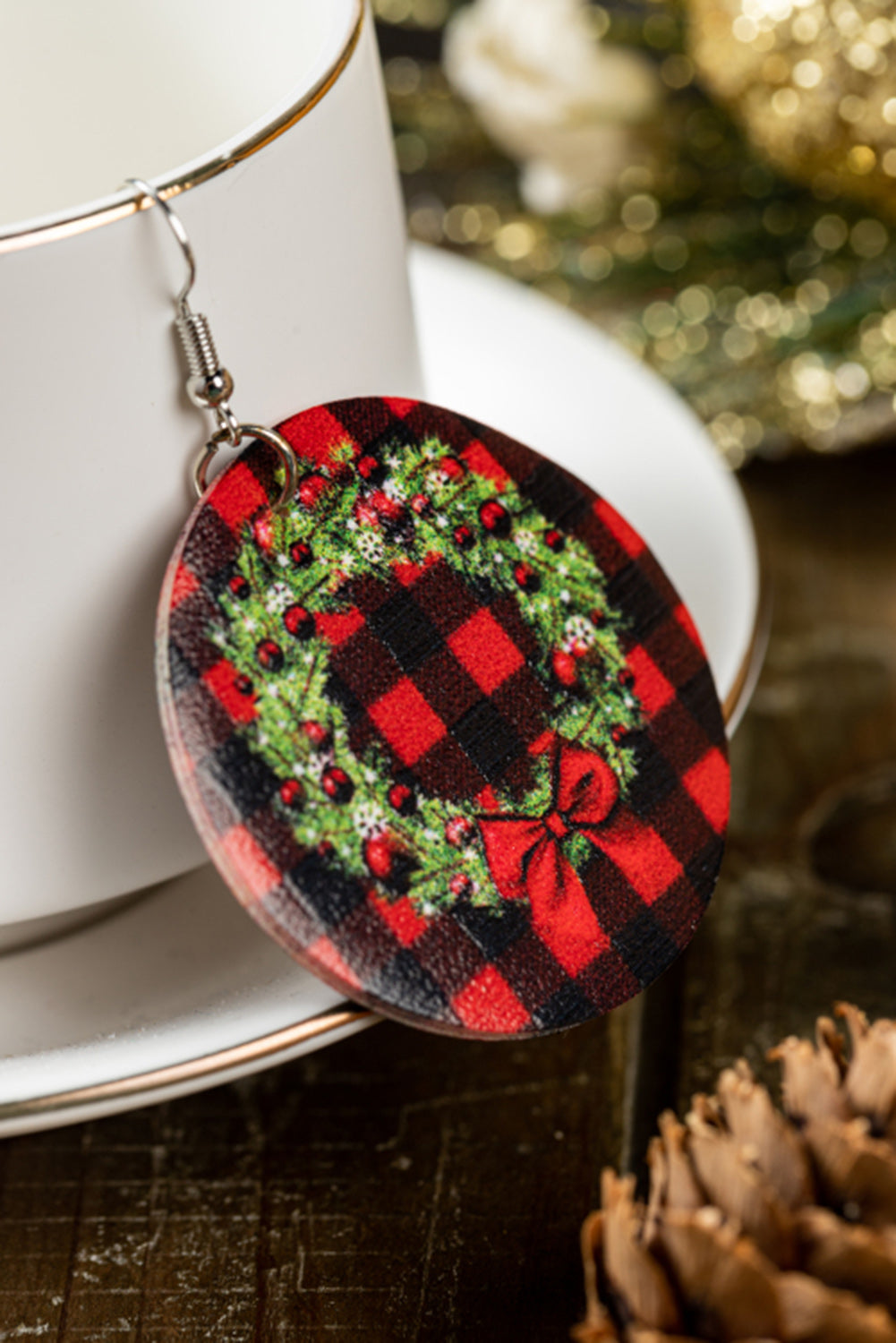 Christmas Plaid Wreath Print PU Earrings Jewelry JT's Designer Fashion