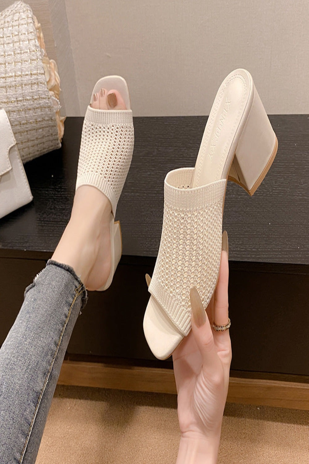 Block Heel Knit Sandals Ivory Sandals JT's Designer Fashion