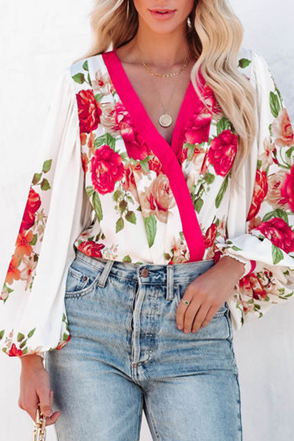 Rose Floral Print V Neck Wrap Bodysuit Bodysuits JT's Designer Fashion