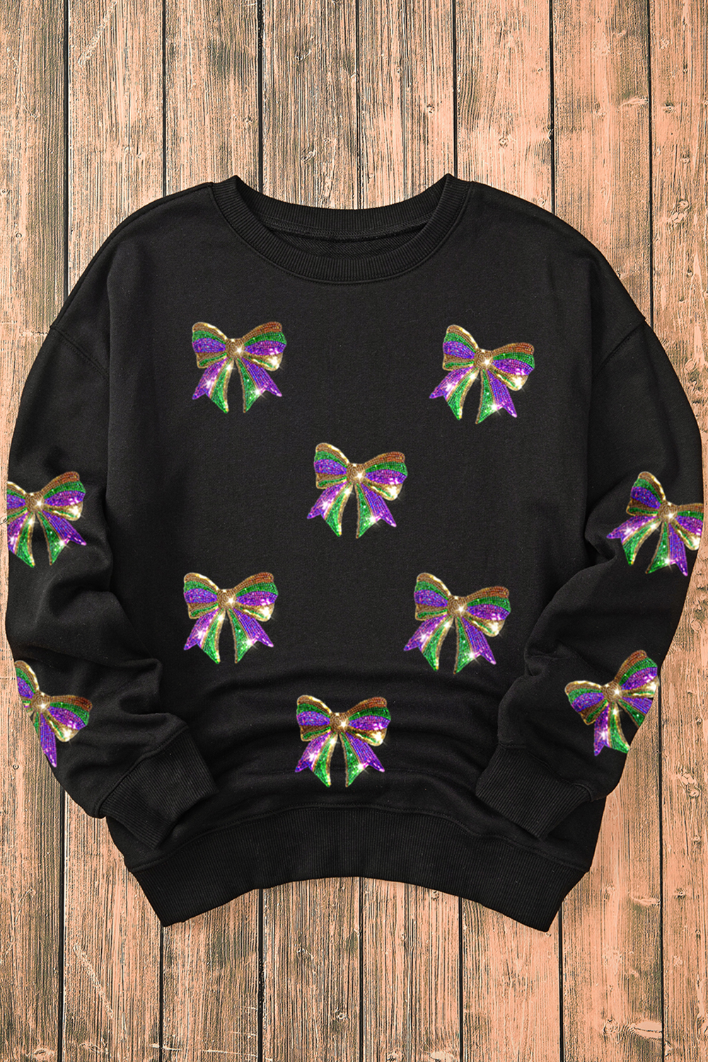 Black Sequin Mardi Gras Bow Graphic Drop Shoulder Pullover Sweatshirt Graphic Sweatshirts JT's Designer Fashion