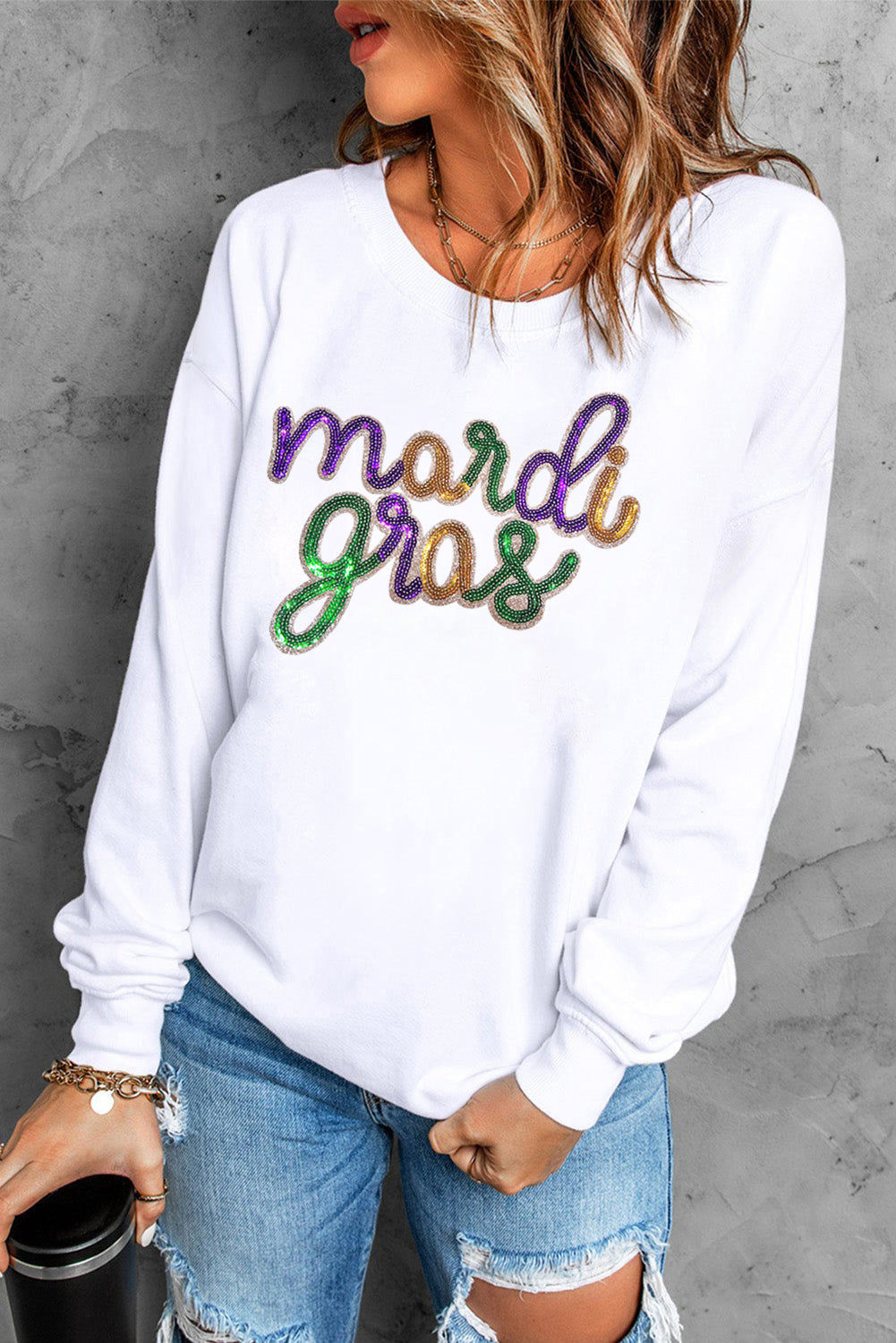 White Sequined mardi gras Graphic Crew Neck Drop Shoulder Sweatshirt Graphic Sweatshirts JT's Designer Fashion