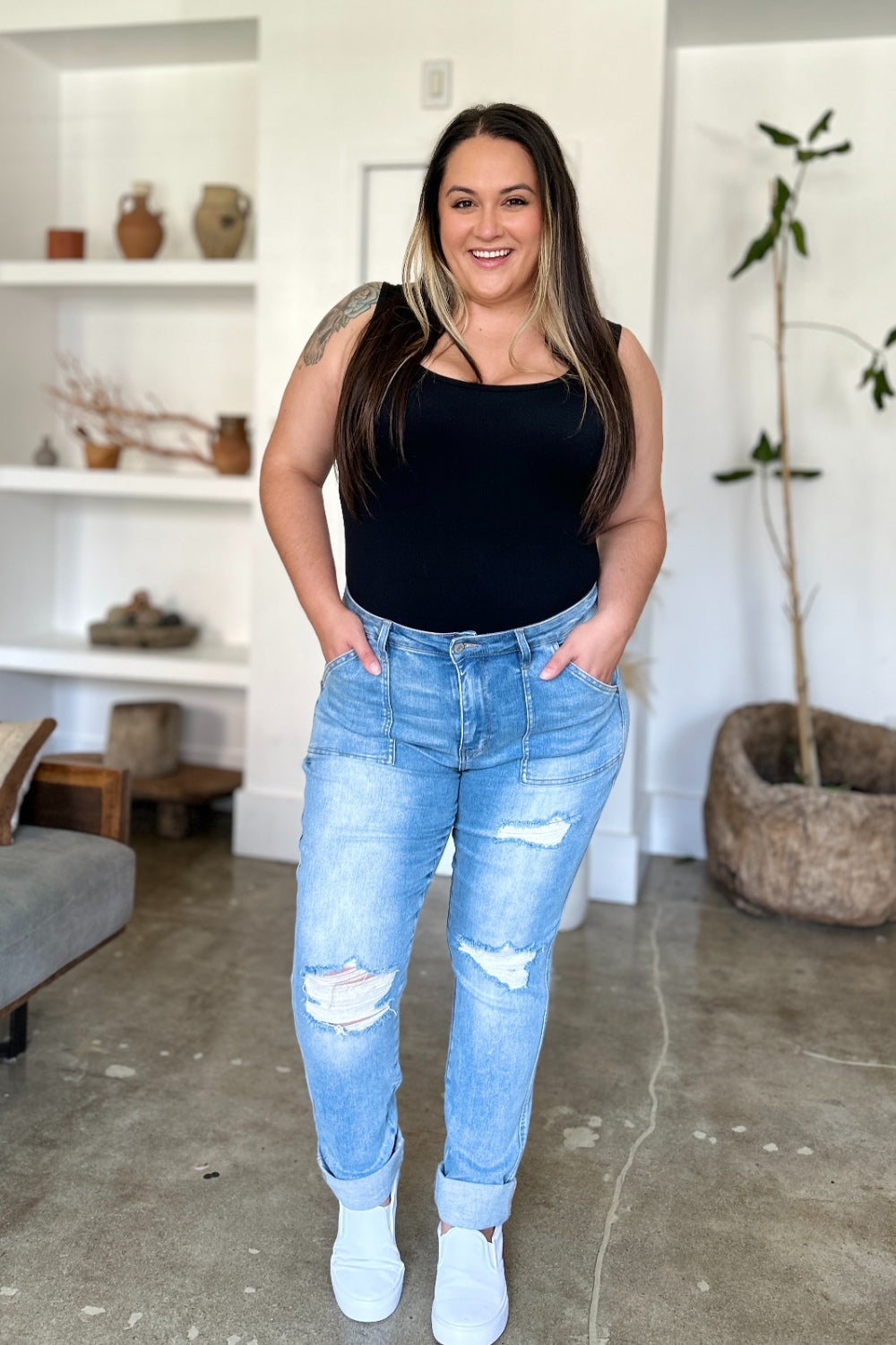 Judy Blue Full Size Distressed Straight Jeans with Patch Pockets Jeans JT's Designer Fashion