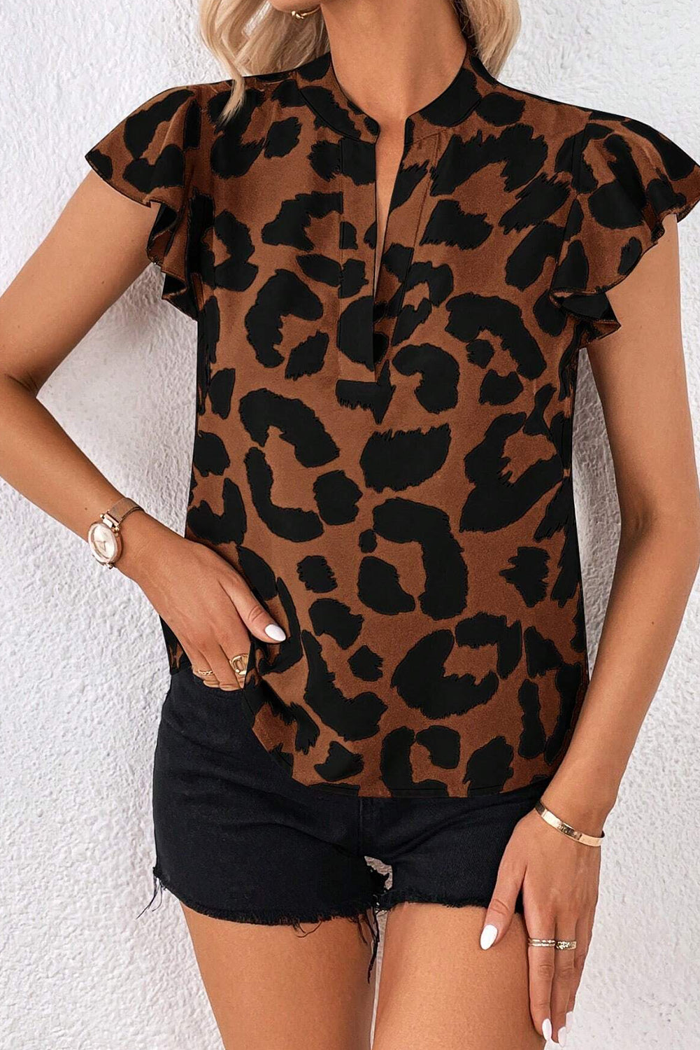 Brown Leopard Ruffled Flutter Sleeve Split Neck Blouse Pre Order Tops JT's Designer Fashion