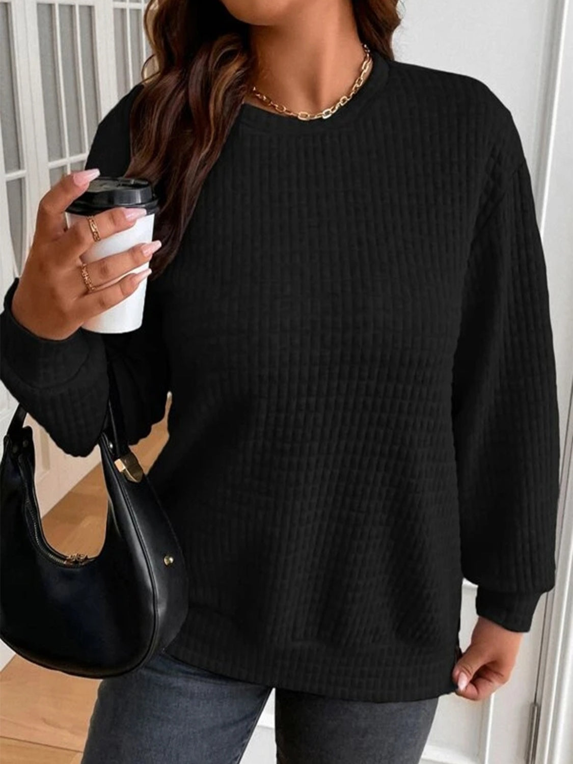 Texture Round Neck Long Sleeve Sweatshirt Long Sleeve Tops JT's Designer Fashion