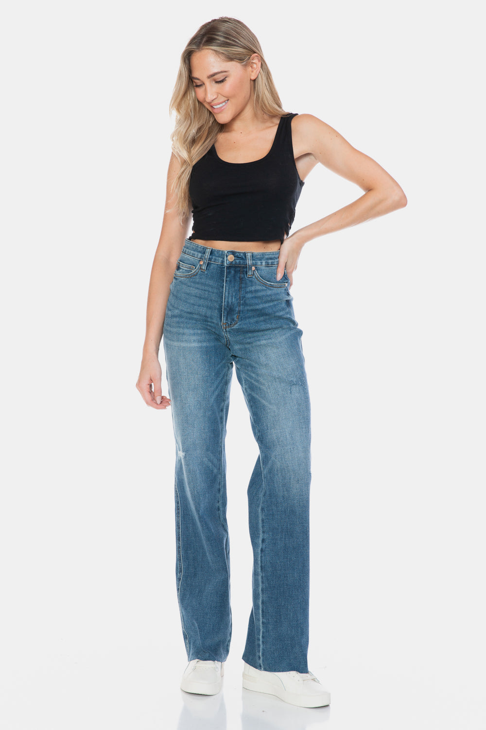 Judy Blue Full Size Tummy Control Cut Raw Hem Straight Jeans Jeans JT's Designer Fashion